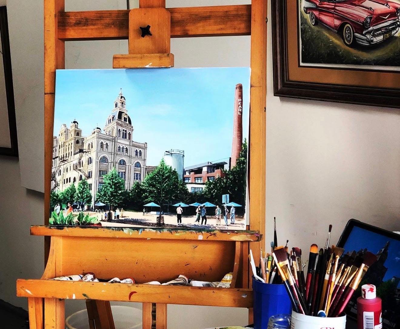 Pearl painting in progress on the easel in Yosan's studio